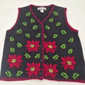 Crystal Kobe Vintage Christmas Poinsettia Knit Sweater Vest Black XL Holiday